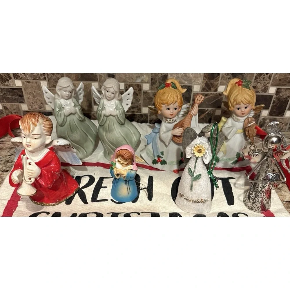 Angel Bell Ornament figurines‎ ceramic silver  Vintage Lot of 8